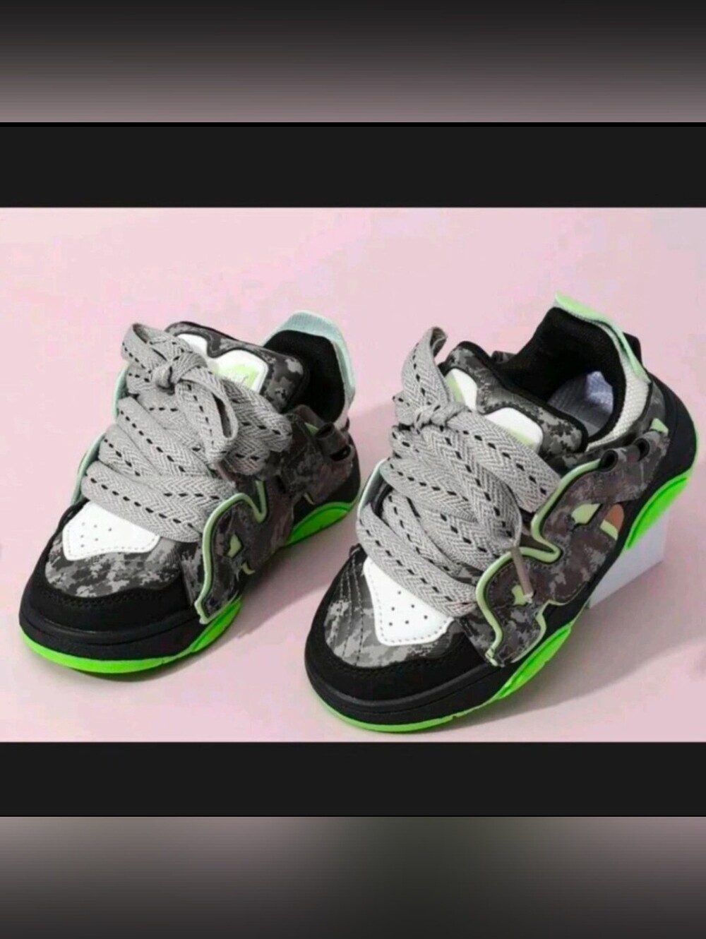 Kids Gray Camo Sneakers with Neon Green Trim